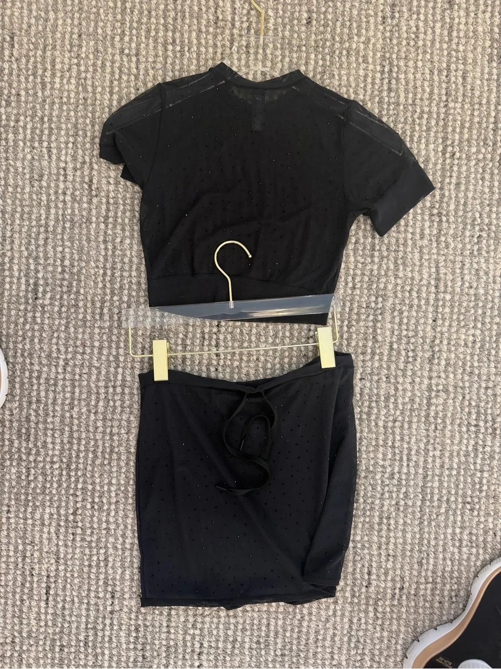 SKIMS Black Sheer Mesh Crop Top and Mini Skirt Set